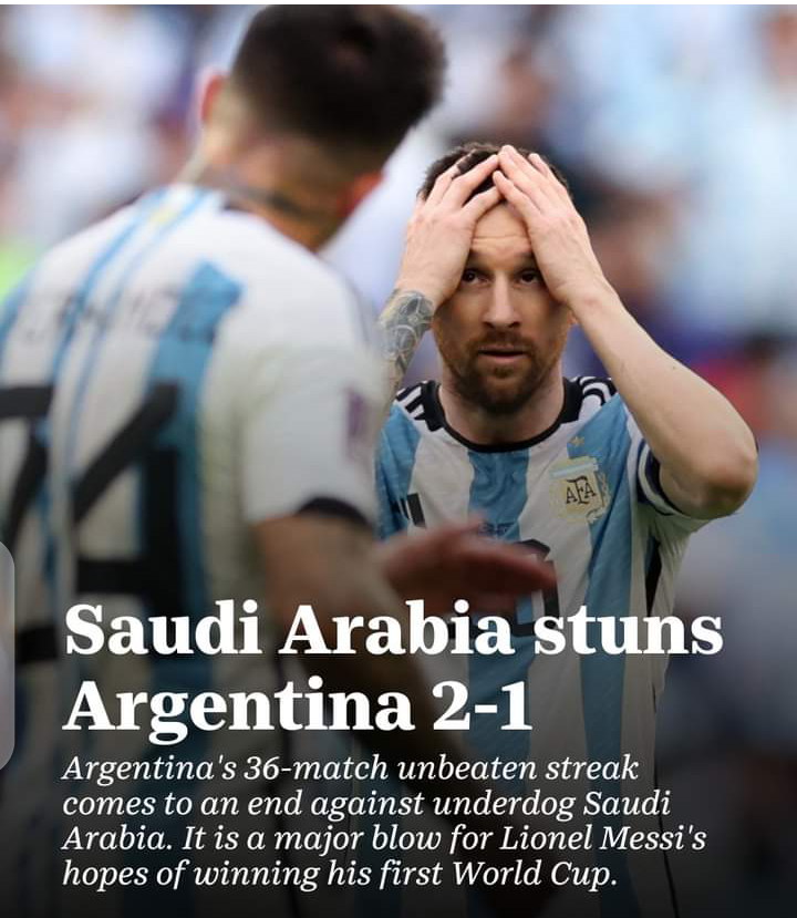 Saudi Arabia whoops Argentina with a 2 – 1 win in the just started WorldCup , Got Lionel Messi upset .